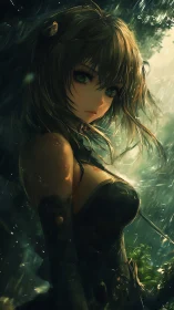 Forest warrior girl stands in luminous summer rainstorm.