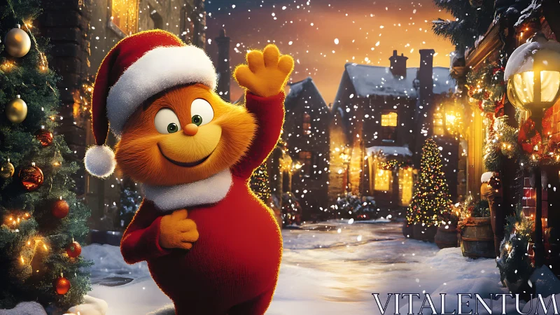 Cartoon cat in Santa outfit waves in snowy village.