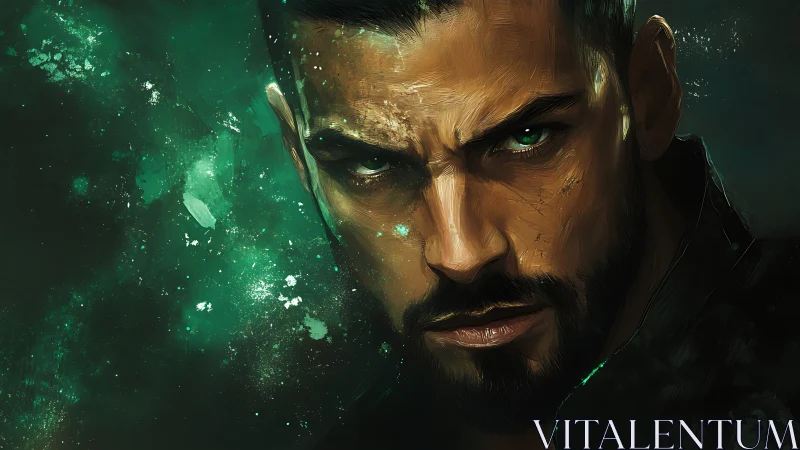 Brooding male portrait framed by emerald cosmic dust