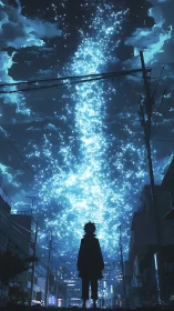 Silhouette under vertical stream of blue urban sky lights.