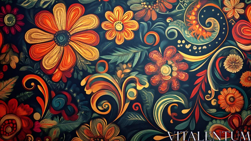 Ornamental Floral Pattern with Scrollwork on Dark Background