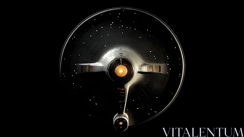 Top view of circular spacecraft in dark empty space.