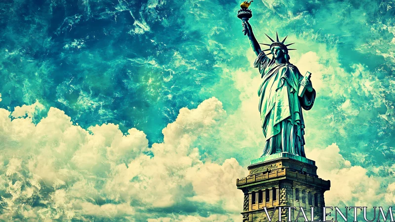 Digital painting of Statue of Liberty against turbulent sky.
