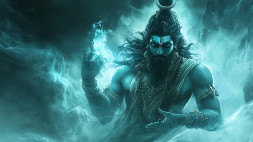 Deity-like figure with glowing aura in mist-filled environment.