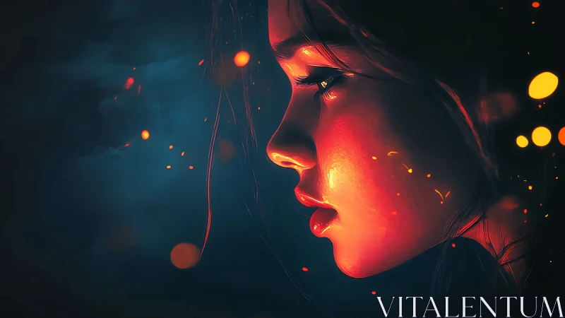 Side-lit female profile rendered in vivid neon chiaroscuro