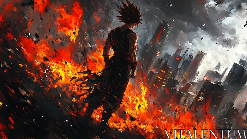 Anime warrior surveys burning futuristic ruined cityscape.