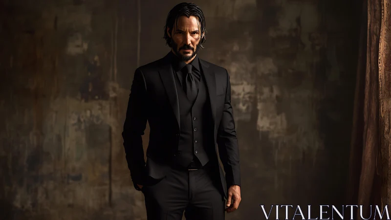 Man in black formal suit against textured studio backdrop.