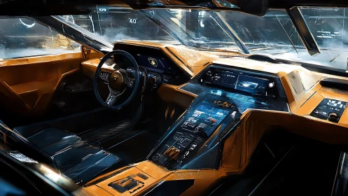 Futuristic sports car cockpit shows angular dashboard layout