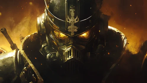 Armored sci fi soldier in helmet amid intense orange glow.