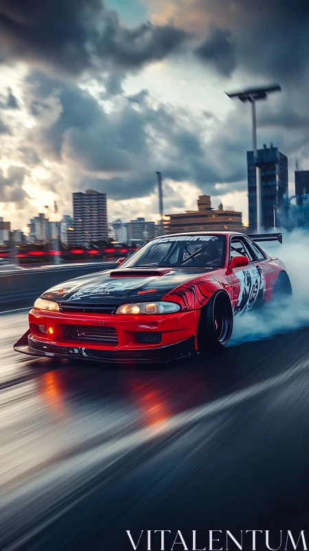 Drift-tuned sports car tears through wet city highway at dusk.