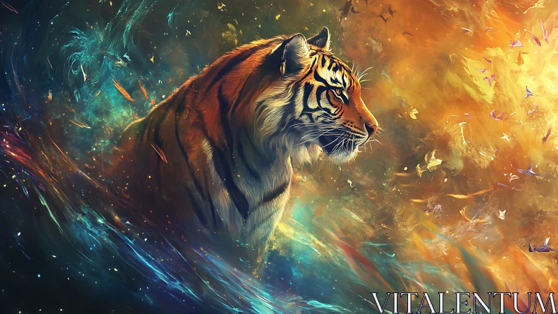 Majestic cosmic tiger surrounded by swirling starlit colors.
