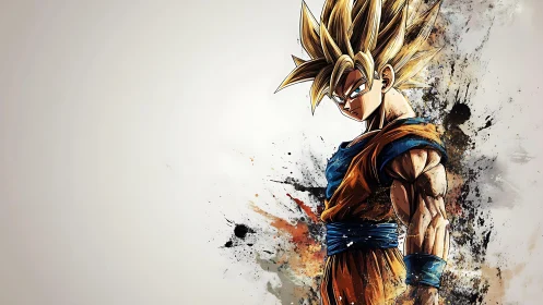 Muscular anime warrior with spiky hair on splatter background.