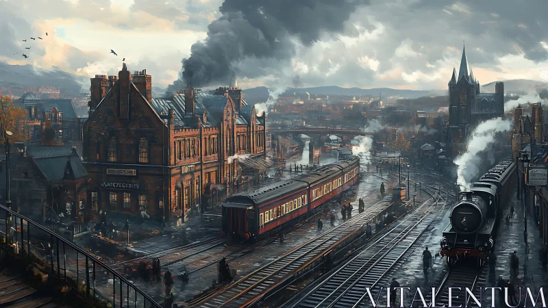 Steam locomotives at dusk in sprawling Victorian rail yard.