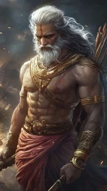 Mythic warrior saint stands amid embers in solemn resolve