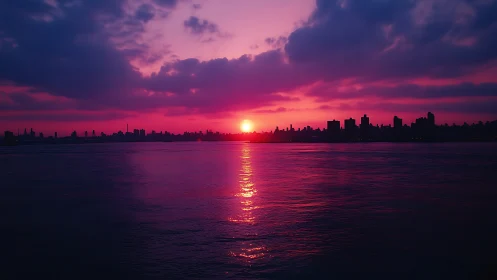 Urban hydrosphere horizon under magenta spectral sunset field.
