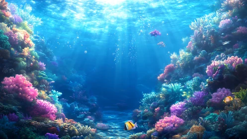 Underwater coral reef landscape with fish in clear light.