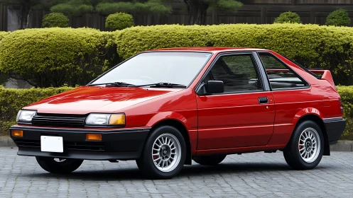 Retro red hatchback lounges proudly beside sculpted hedges