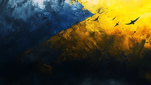 Diagonal blue and yellow abstract sky with flying birds.