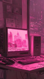 Retro desktop workstation in neon pink urban interior.