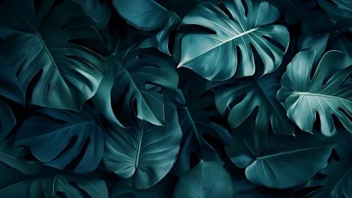 Dark green monstera foliage with overlapping broad leaves.