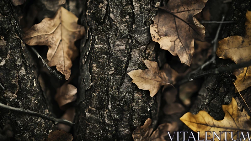 Dry oak leaves pressed against dark textured bark surface.