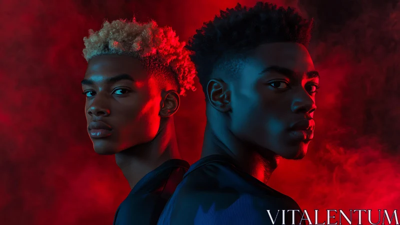 Dual neon portrait contrasts red backlight with cyan rim light