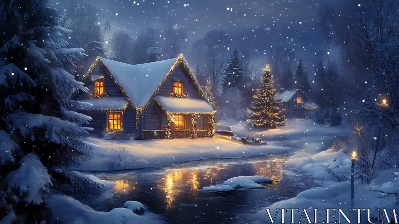 Snow-covered cabin and river under glowing holiday lights.