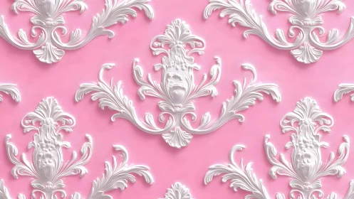Ornate White Baroque Floral Pattern on Pastel Pink Background.