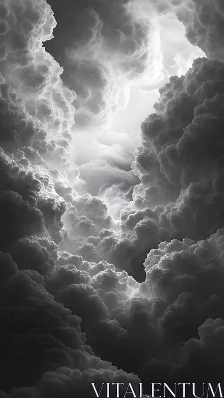 Monochrome storm clouds reveal bright vertical sky passage