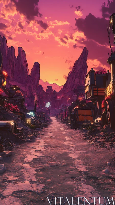 Sci-fi canyon outpost glows under vivid sunset sky