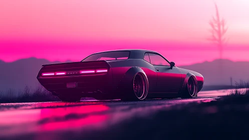 Neon dusk muscle car hums along a mirror-bright highway