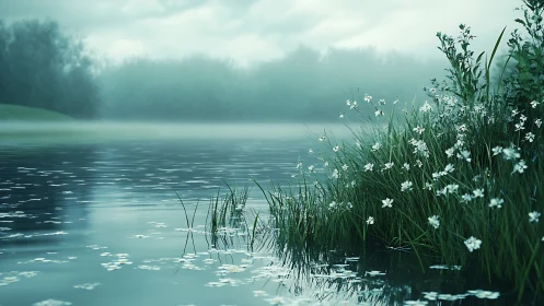 Foggy lakeshore renders detailed wetland grasses and flowers