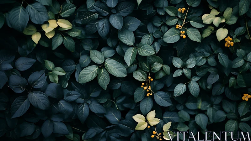Dark green foliage with golden berries and pale leaves.