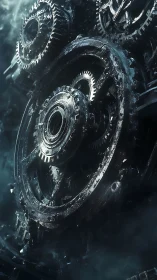 Massive frozen steel gearworks in dark industrial void.