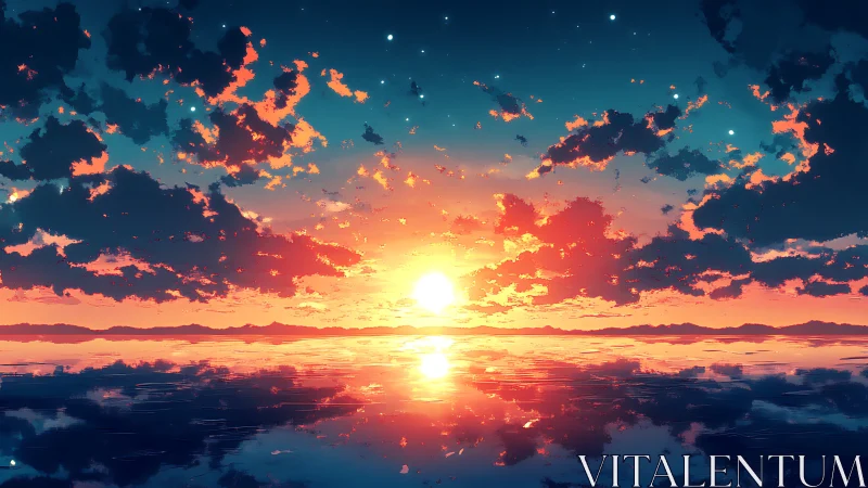 Radiant anime sunset mirrors across tranquil ocean horizon.