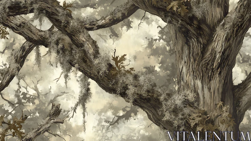 Moss covered tree trunk and branches fill the muted forest scene