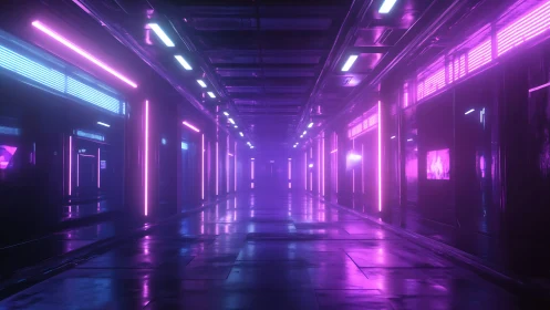 Neon-lit reflective sci fi corridor in saturated magenta haze.