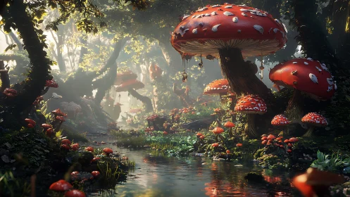 Fantasy forest stream with towering fly agaric canopy design.