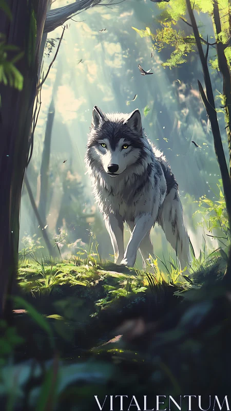 Wolf stands on forest clearing under strong directional light