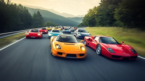 Colorful sports car convoy racing on a forest highway.