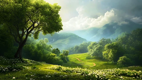 Sunlit meadow with solitary tree before distant hills.