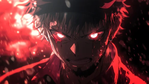 Bloodlit anime warrior with glowing eyes in furious resolve.