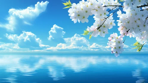 Luminous Blossoms Above Tranquil Waters: Spring Serenity.