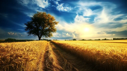 Solitary tree centered in expansive wheat field at sunset.