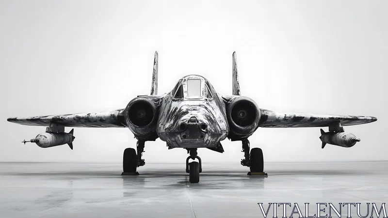 Weathered military jet bomber stands centered in stark hangar