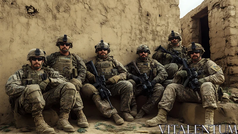 Deployed infantry squad in full tactical gear resting against adobe wall