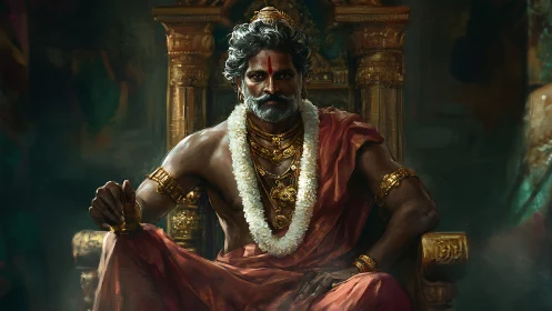 Digital painting of regal warrior king on ornate golden throne.