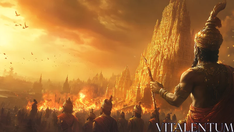 Warrior army faces burning golden temple city at sunset