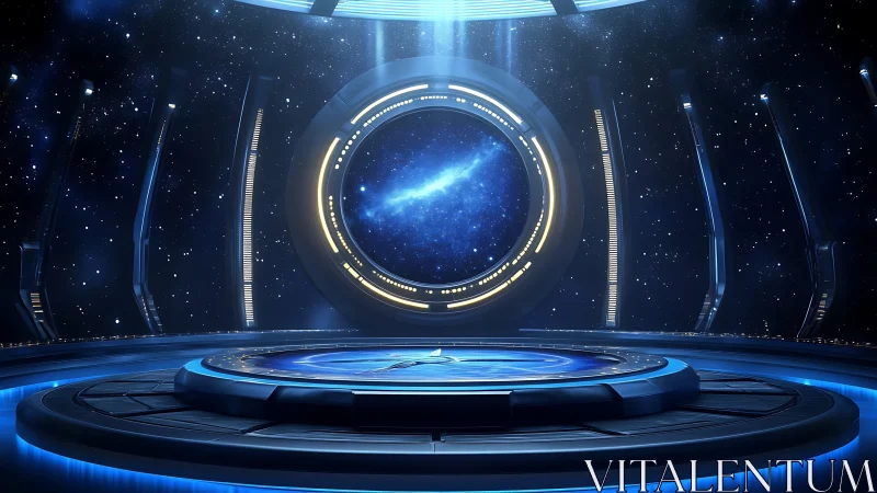 Futuristic starship bridge with circular space portal view.