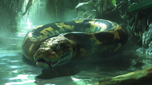 Giant anaconda coiled in misty jungle swamp water.